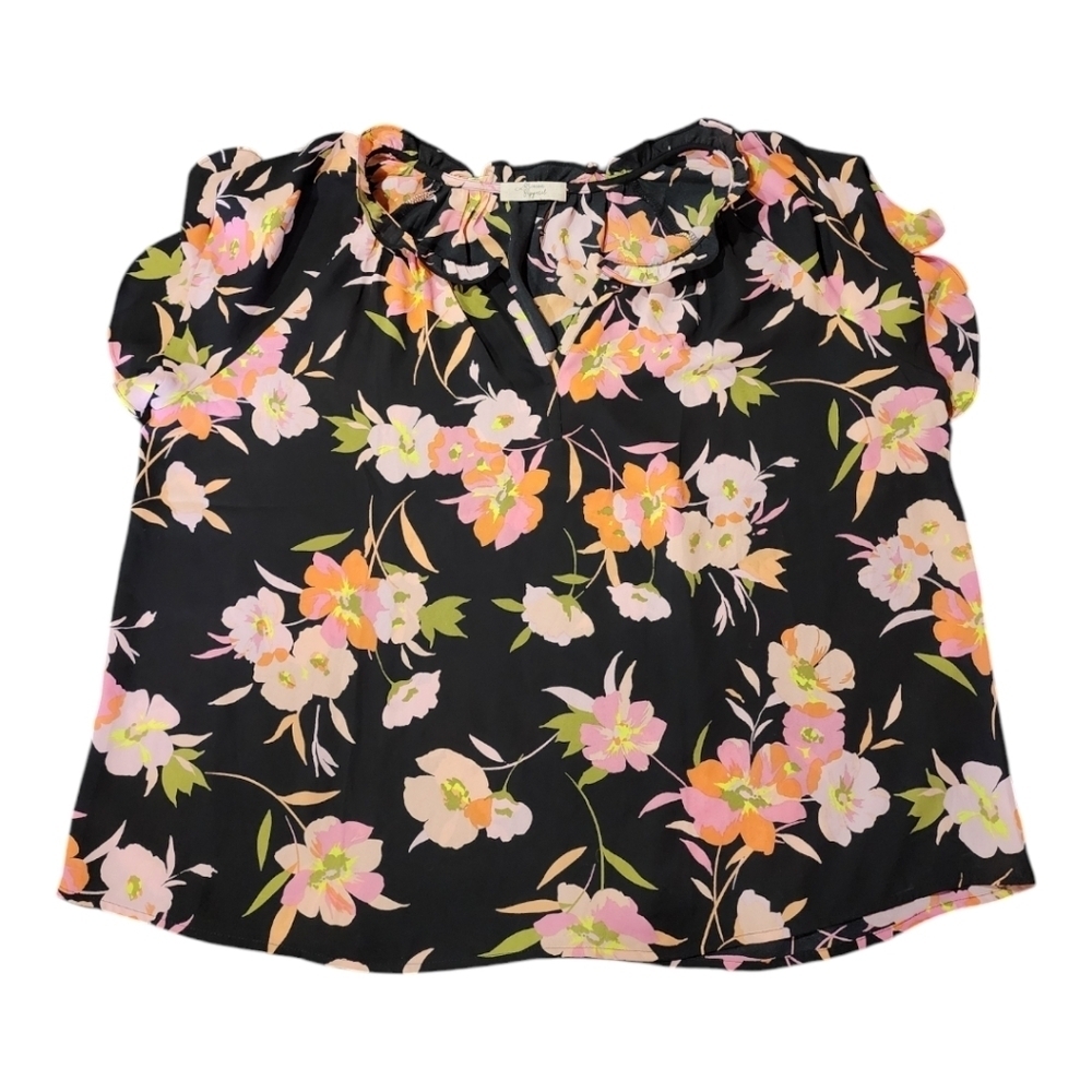 Beacon Apparel Floral Ruffle Top Women’s 2X Black Multicolor Flowy Blouse
